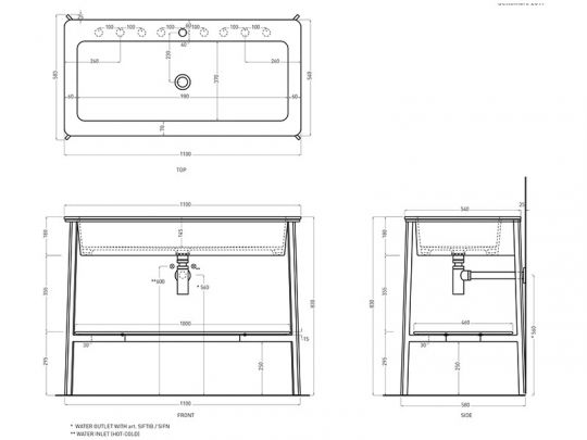Cielo I Catini Catino Rettangolare раковина 1100x540x180 мм, без отверстий под сметитель, без перелива схема 2