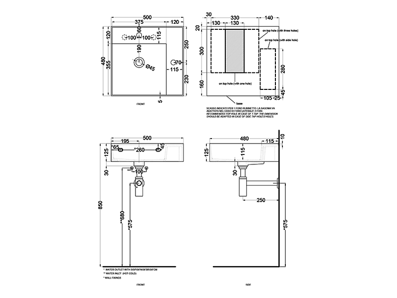 Cielo Enjoy раковина 500х4800х1250 мм, подвесная прямоугольная, без отверстия для смесителя, перелив ФОТО