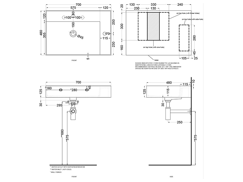 Cielo Enjoy раковина 700х4800х1250 мм, подвесная прямоугольная, без отверстия для смесителя, перелив ФОТО