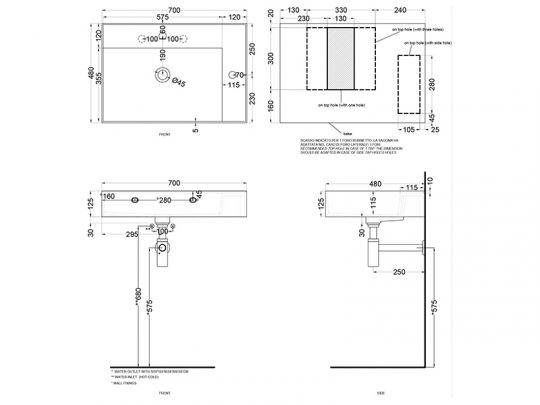 Cielo Enjoy раковина 700х4800х1250 мм, подвесная прямоугольная, без отверстия для смесителя, перелив схема 2 Cielo Enjoy раковина 700х4800х1250 мм, подвесная прямоугольная, без отверстия для смесителя, перелив схема 2