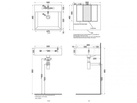 Cielo Smile раковина 600х460х130 мм, подвесная/накладная, без отверстий для смесителя, без перелива, с переливом схема 2