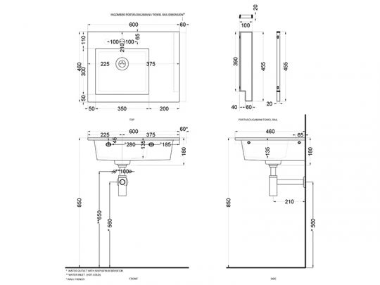 Cielo Era раковина 600х460х140 мм, накладная/подвесная, чаша слева, без отверстия для смесителя, без перелива, в комплекте крепление схема 2
