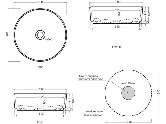 Cielo Shui Comfort раковина  450x130 мм, накладная/подвесная, без отверстия для смесителя, без перелива схема 2