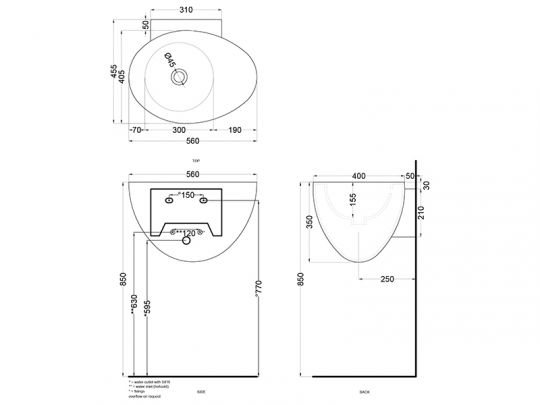Cielo Le Giare раковина 560x450х350 мм, подвесная, без отверстия для смесителя, без перелива, с креплением схема 3