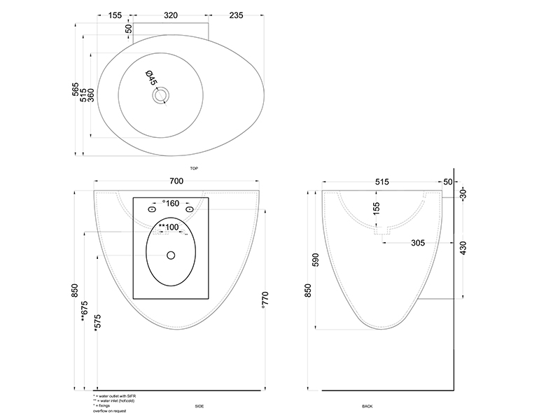 Cielo Le Giare раковина 700х560х590 мм, подвесная, без отверстия для смесителя, без перелива, с креплением ФОТО