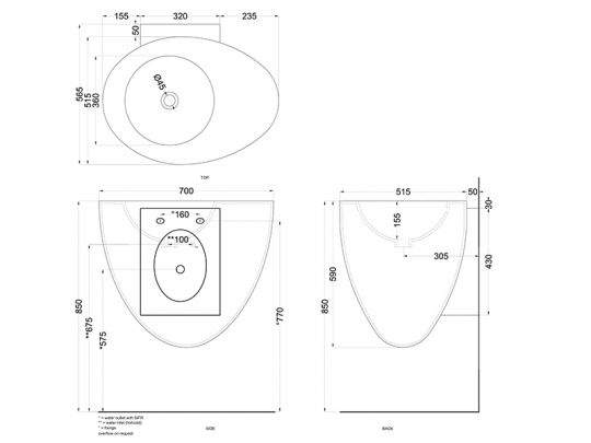 Cielo Le Giare раковина 700х560х590 мм, подвесная, без отверстия для смесителя, без перелива, с креплением схема 2