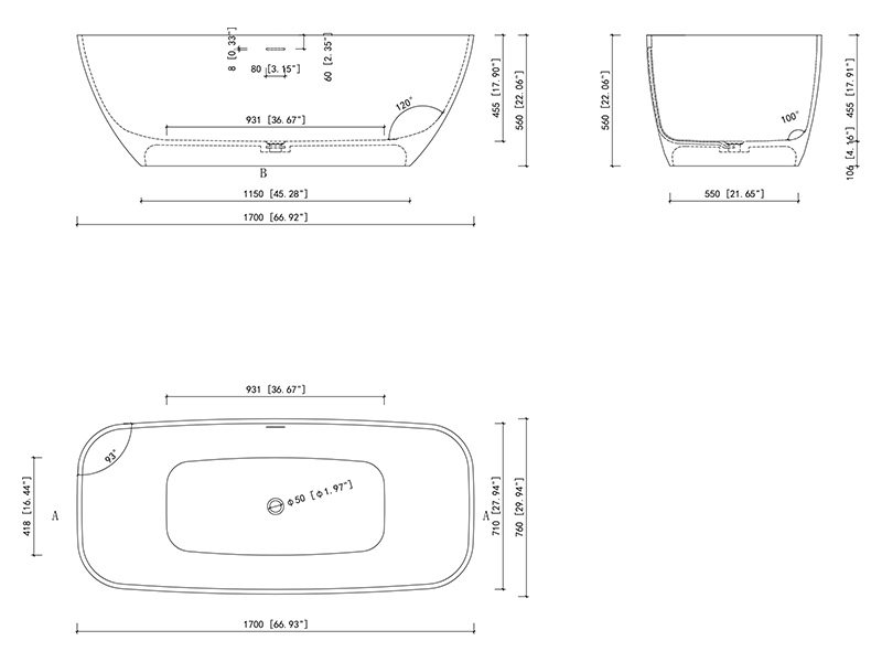 Ванна отдельностоящая UNI-FLOW CONO FS306-1700 в комплекте со сливом переливом Solid 170x80x55 см ФОТО