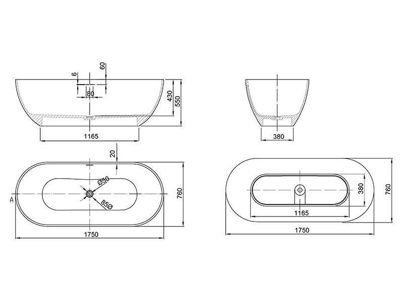 Ванна UNI-FLOW OVAL FS307-1750 отдельностоящая со сливом переливом Solid 175x75x55 см ФОТО