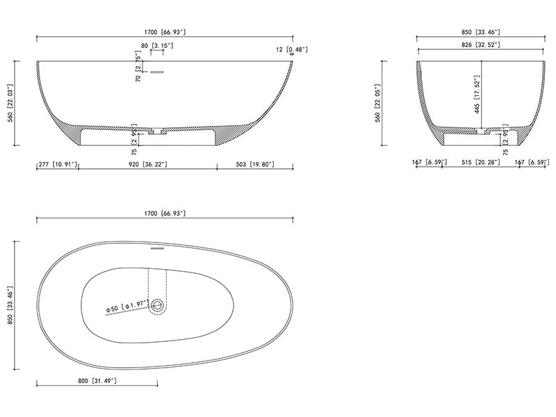Ванна отдельностоящая UNI-FLOW OVA FS302-1700 в комплекте со сливом переливом Solid 170x85x57 см ФОТО