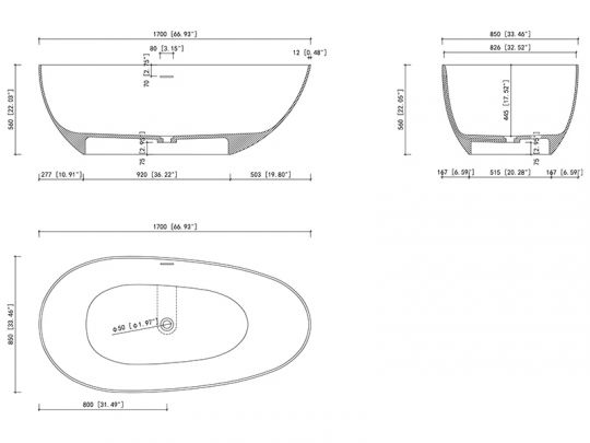 Ванна отдельностоящая UNI-FLOW OVA FS302-1700 в комплекте со сливом переливом Solid 170x85x57 см схема 3
