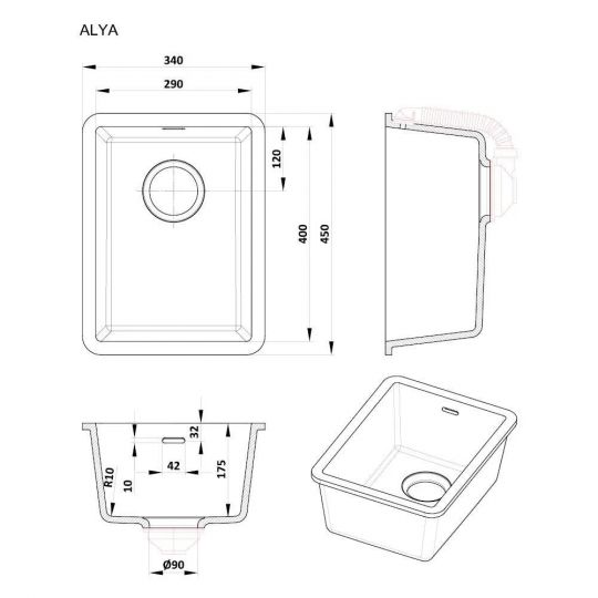 Прямоугольная мойка для кухни Kolpa-San Alya 40x29 см схема 2