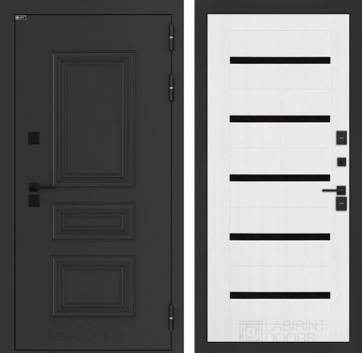 Входная дверь Лабиринт Аляска Лайт - 01 Белое дерево, стекло черное с терморазрывом