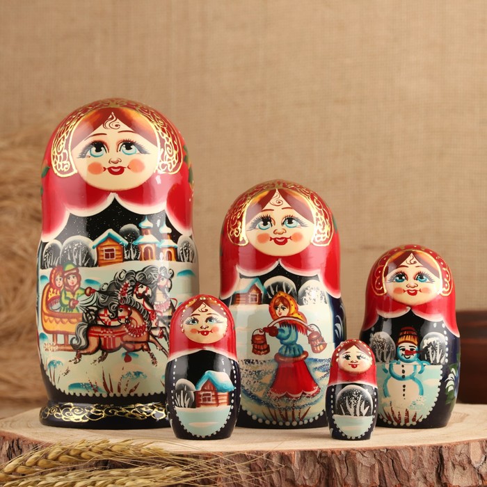 Матрёшка дерево «Тройка», красный платок, 5 кукольная, люкс