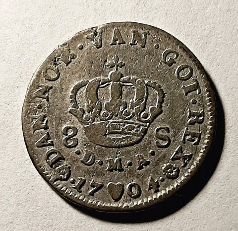 8 скиллингов 1704 Дания Норвегия AUNC- XF Редкий год