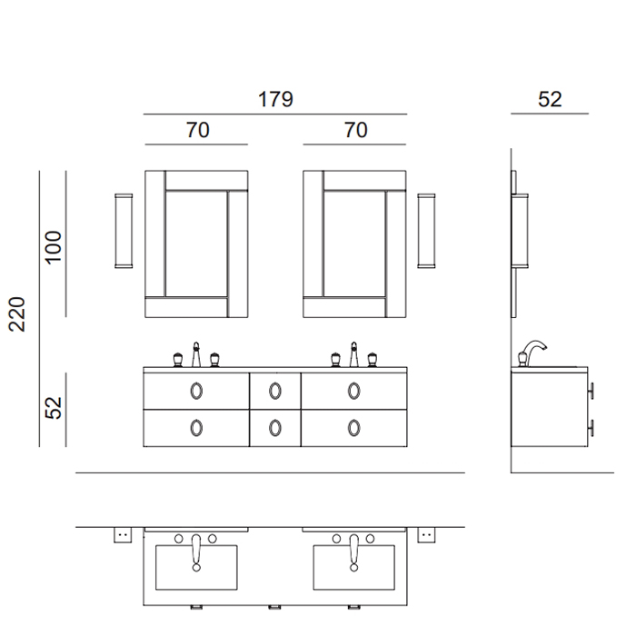 Комплект мебели №24 Oasis Daphne 2 подвесные тумбы со столешницей 179х52.5х220см ФОТО