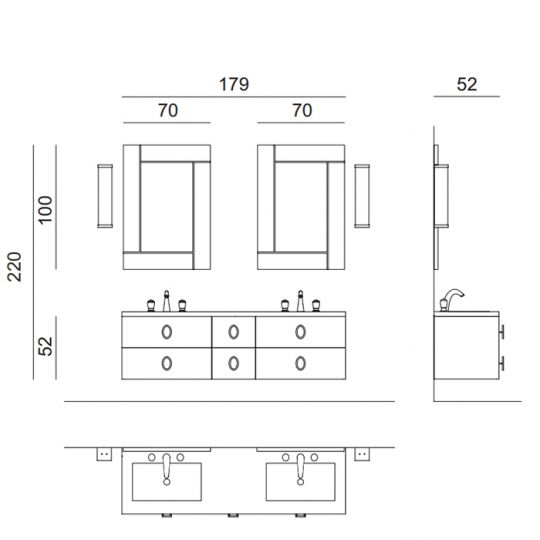 Комплект мебели №24 Oasis Daphne 2 подвесные тумбы со столешницей 179х52.5х220см схема 2