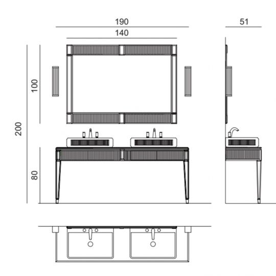 Комплект мебели напольный №3 Oasis Rialto 190x51x200 см консоль с раковиной схема 2