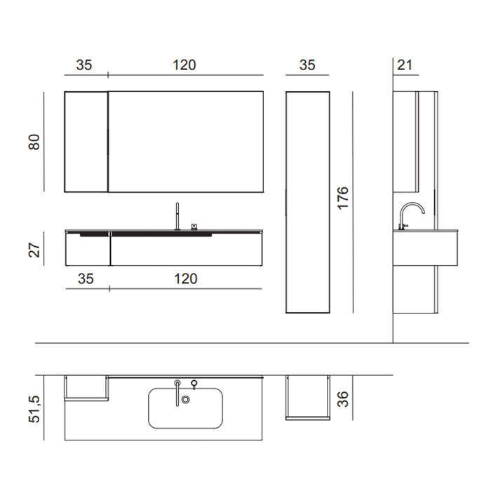 Комплект мебели №06 Oasis Profilo 155х51.5х200 см подвесные тумбы с раковной-столешницей ФОТО