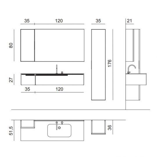Комплект мебели №06 Oasis Profilo 155х51.5х200 см подвесные тумбы с раковной-столешницей схема 2