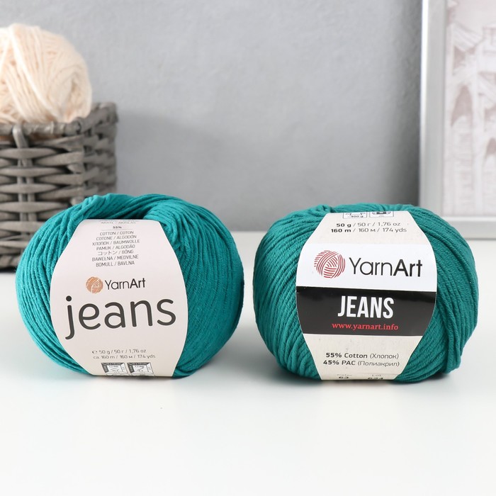 Пряжа для вязания спицами, крючком YarnArt, Jeans, 55% хлопок, 45% акрил, 160 м/50 г, (63 павлиновый зелёный)
