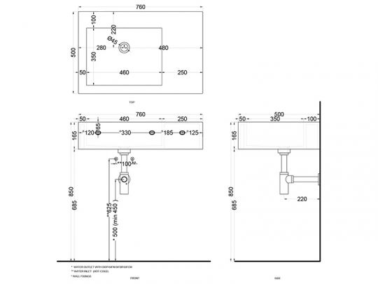 Cielo Narciso раковина 760х500х165 мм, без отверстия для смесителя, 2 намечены, чаша слева, отверстия справа для установки бокового ящика схема 2