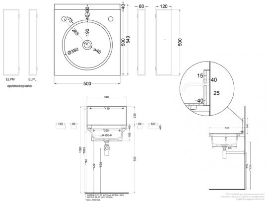 Cielo Elle Tonda раковина 500х500х200 мм, накладная, без отверстий для смесителя, без перелива схема 2 Cielo Elle Tonda раковина 500х500х200 мм, накладная, без отверстий для смесителя, без перелива схема 2