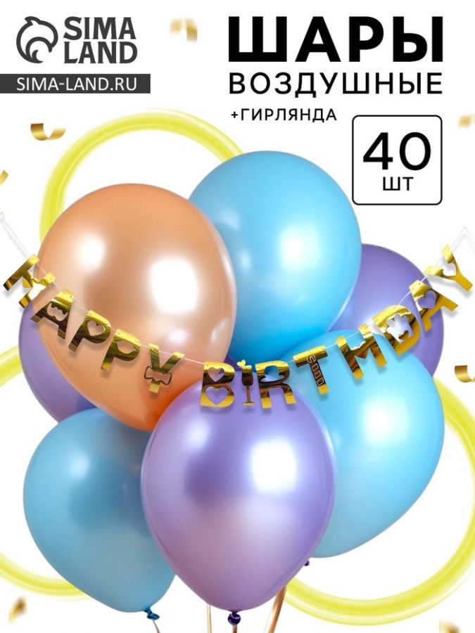 Воздушные шары латексные, набор «С днем рождения»: 40 шаров + гирлянда