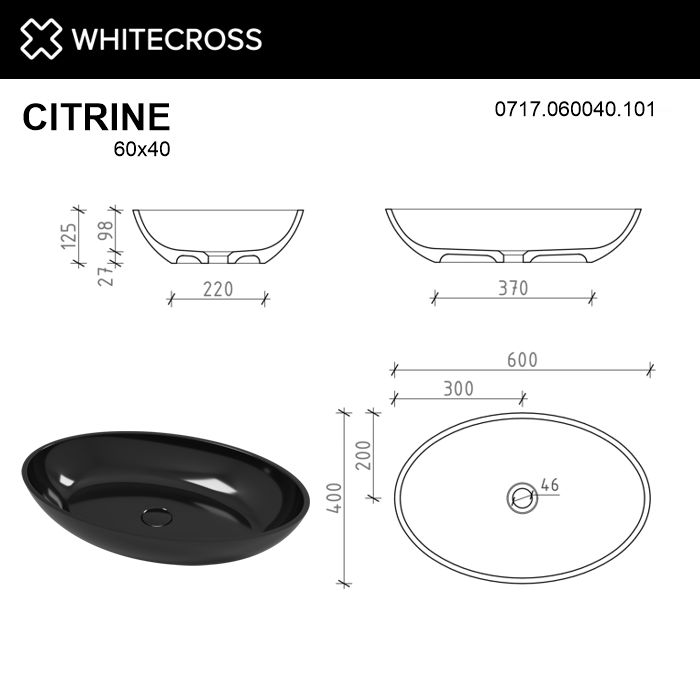 Глянцевая черная раковина WHITECROSS Citrine 60x40 ФОТО