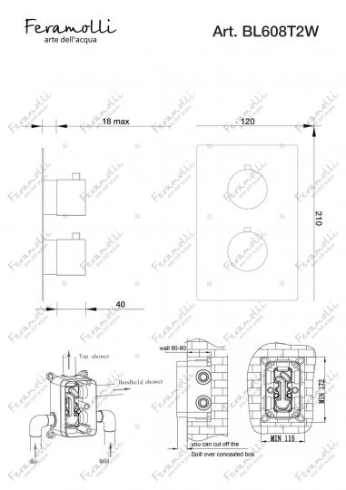 Термостатический смеситель скрытого монтажа на 2 потока Feramolli BL608T2W, черный схема 2