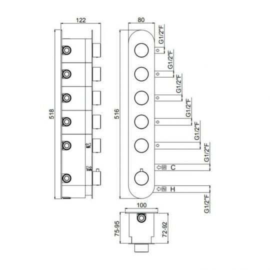Термостатический смеситель для ванны на 5 потребителей - внешняя часть Carimali ilTondo 21057EST/A-CR схема 2 Термостатический смеситель для ванны на 5 потребителей - внешняя часть Carimali ilTondo 21057EST/A-CR схема 2