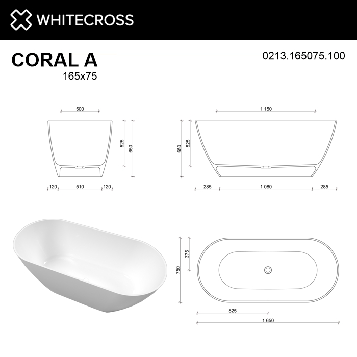 Овальная отдельностоящая ванна WHITECROSS Coral A 165x75 0213.165075 схема 6