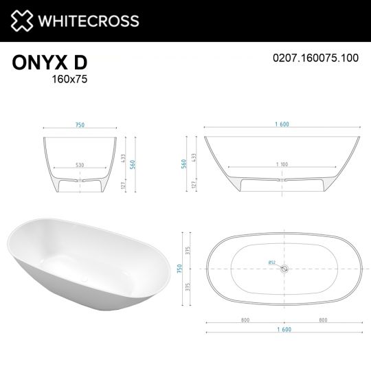 Отдельностоящая каменная ванна WHITECROSS Onyx D 160x75 0207.160075 схема 10