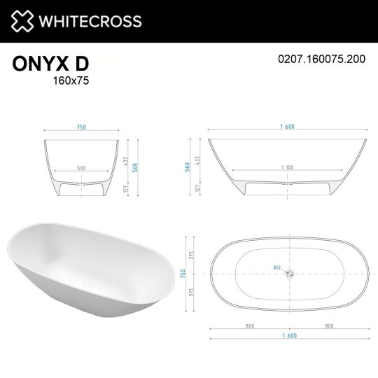 Отдельностоящая каменная ванна WHITECROSS Onyx D 160x75 0207.160075 схема 18