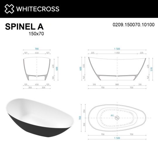 Черно-белая овальная ванна WHITECROSS Spinel A 150x70 0209.15007000 ФОТО