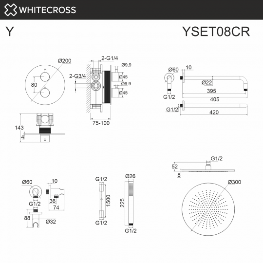 Термостатическая душевая система скрытого монтажа WHITECROSS Y YSET08CR хром ФОТО