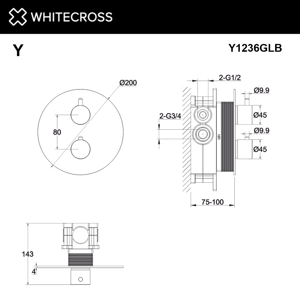 Смеситель термостатический для душа скрытого монтажа WHITECROSS Y Y1236GLB золото схема 3