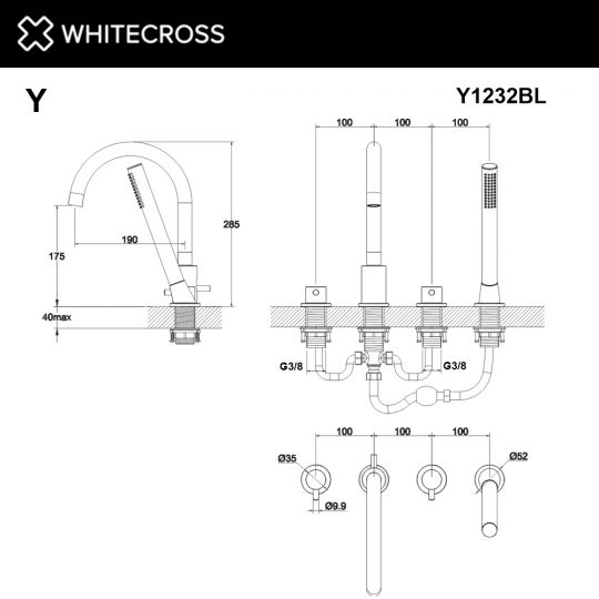 Смеситель для ванны на 4 отверстия WHITECROSS Y Y1232BL черный ФОТО