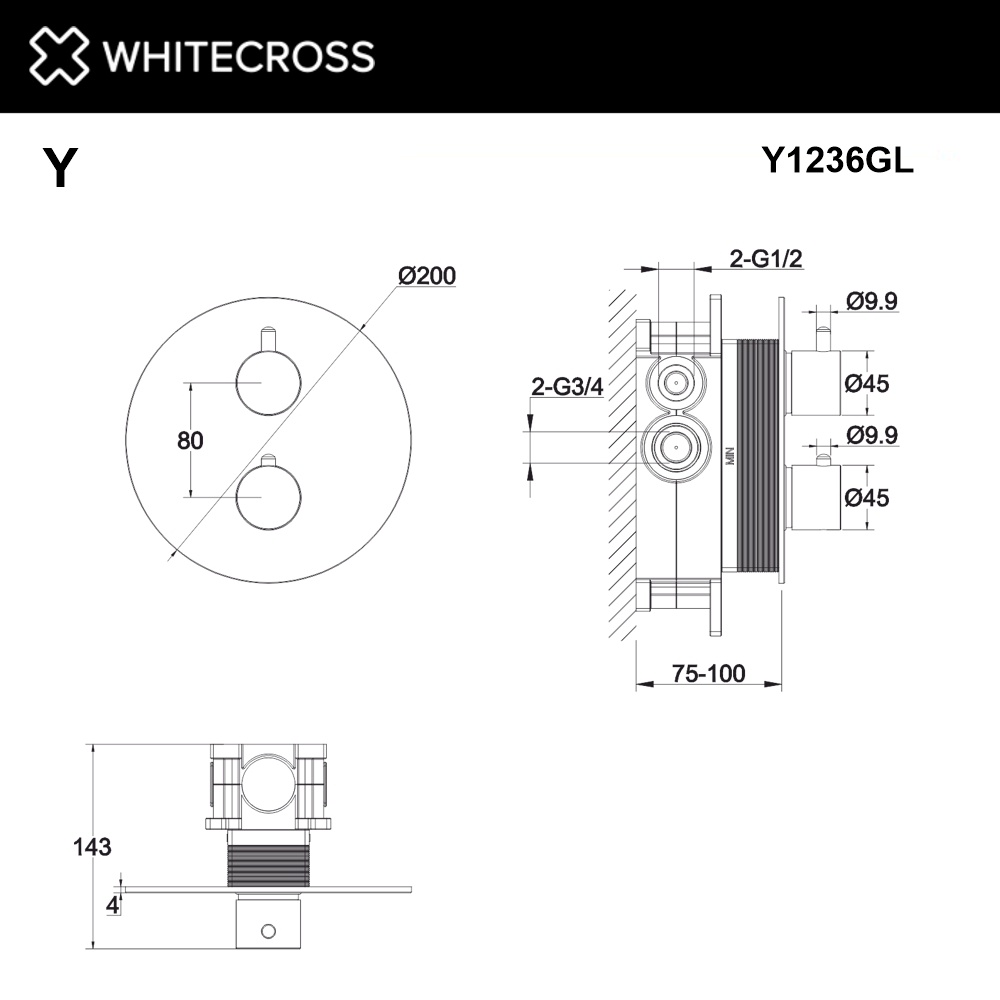 Смеситель термостатический для душа скрытого монтажа WHITECROSS Y Y1236GL золото схема 3