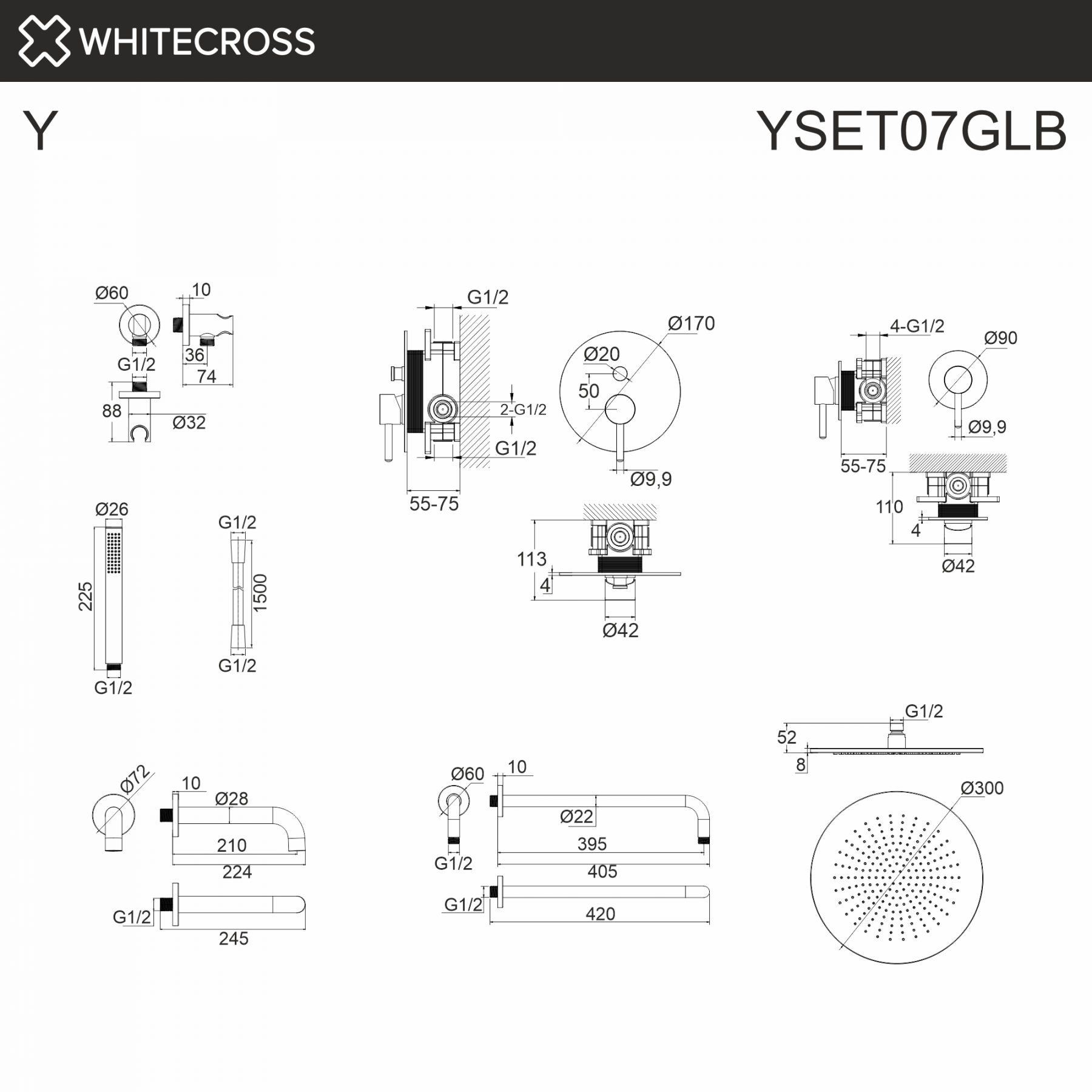 Душевая система с изливом скрытого монтажа WHITECROSS Y YSET07GLB золото браш схема 3