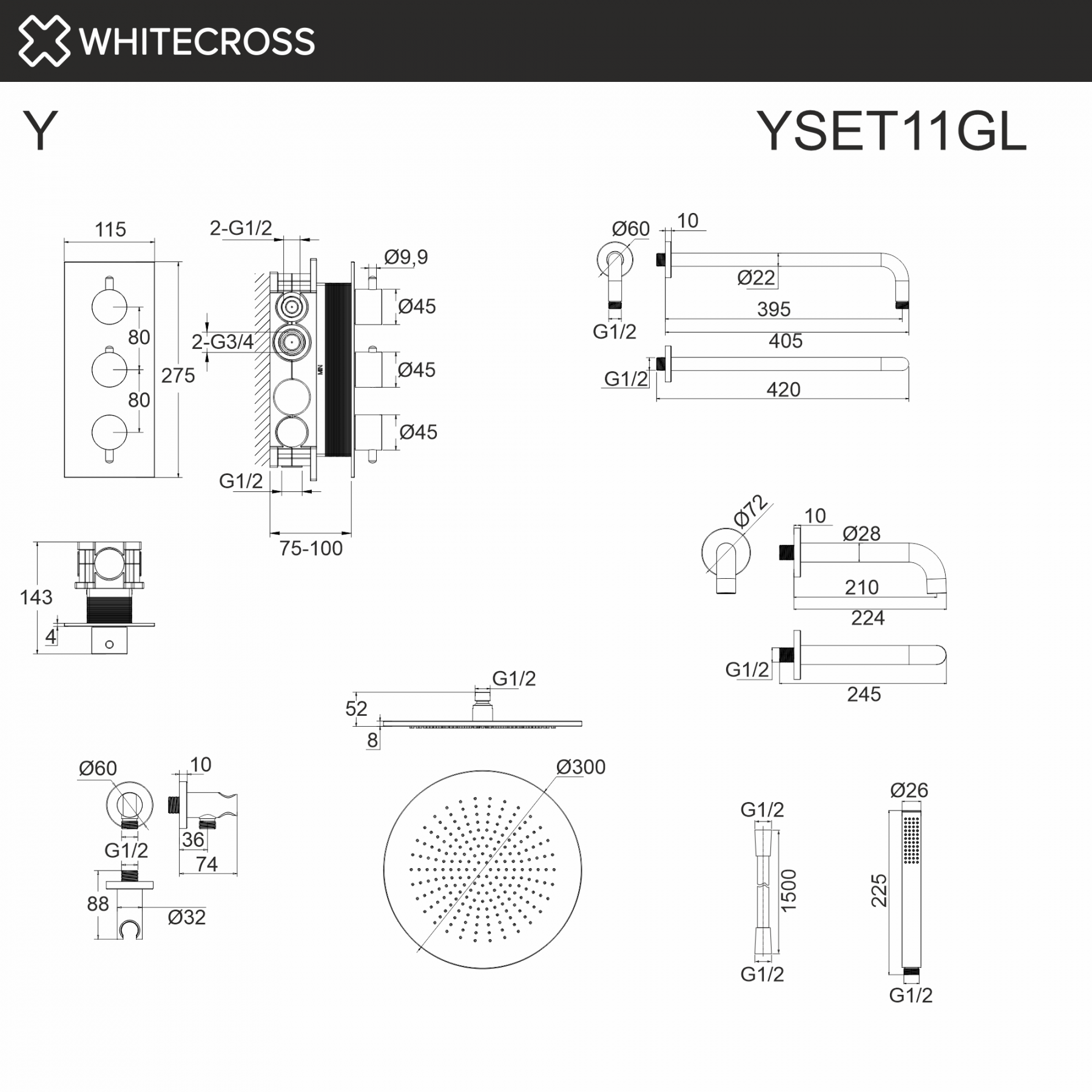 Термостатическая душевая система с изливом встраиваемая WHITECROSS Y YSET11GL золото схема 3