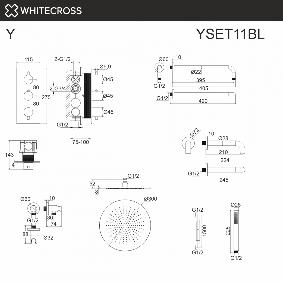 Термостатическая встраиваемая душевая система с изливом WHITECROSS Y YSET11BL черный матовый ФОТО