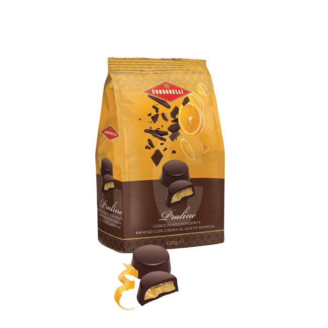 Пралине из темного шоколада с апельсиновым кремом, Condorelli, 130 г, Praline di cioccolato fondente con crema al gusto arancia 130 g