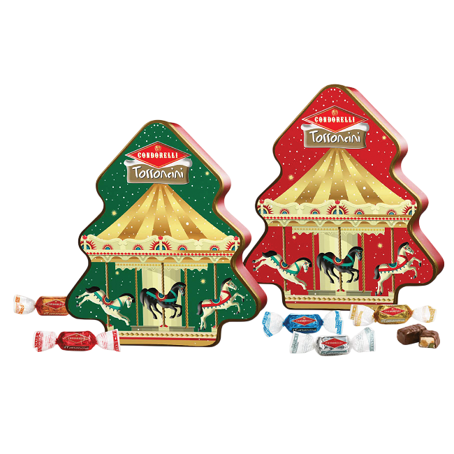 Торрончини ассорти в подарочной упаковке Ёлка, Condorelli, 200 г, Torroncini assortiti Albero di Natale in latta 200 g