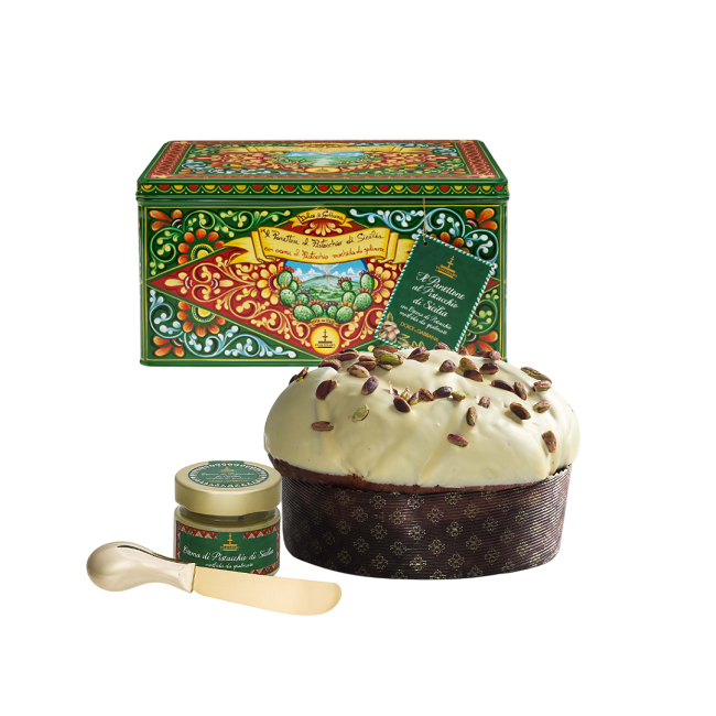 Панеттоне с фисташковым кремом Dolce & Gabbana Fiasconaro 800 г + 200 г, Panettone al pistacchio di Sicilia con crema al pistacchio morbido da spalmare 800 g + 200 g