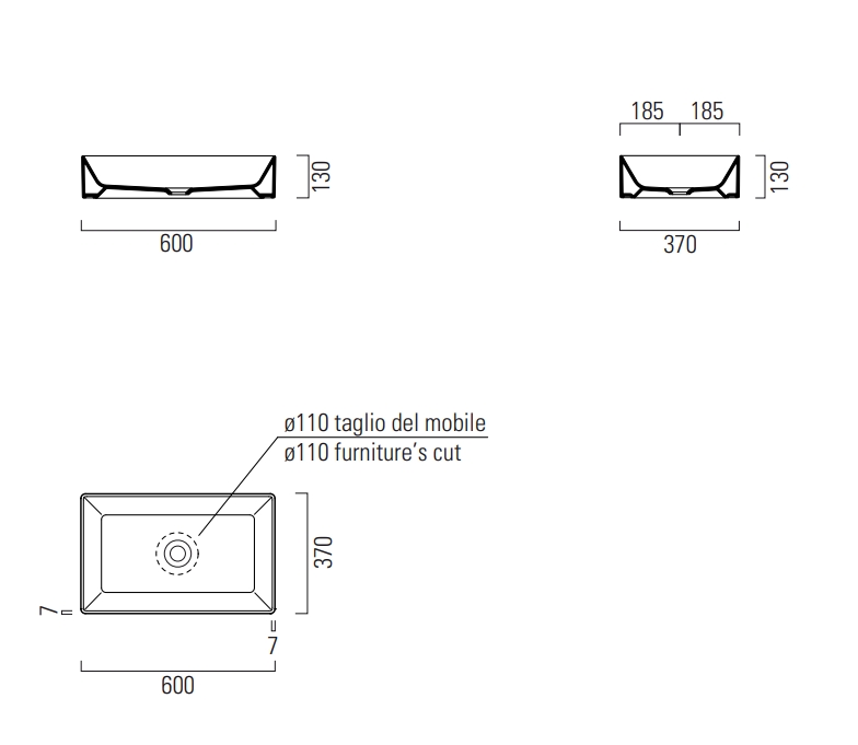 Раковина накладная прямоугольная GSI KUBE X 945308 370 мм х 600 мм, без перелива, цвет Creta Matte схема 3