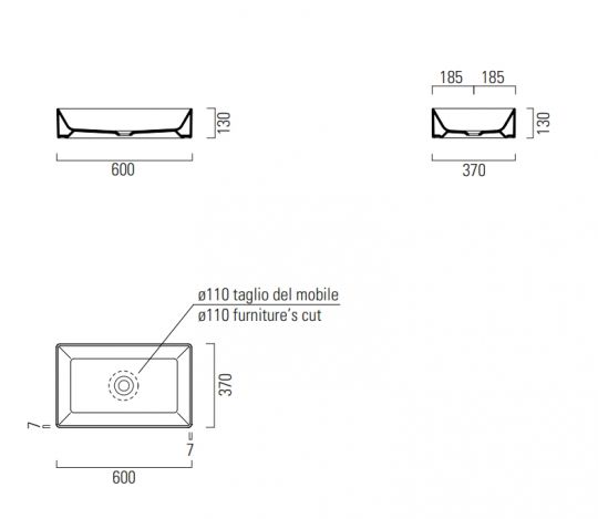 Раковина накладная прямоугольная GSI KUBE X 945308 370 мм х 600 мм, без перелива, цвет Creta Matte ФОТО