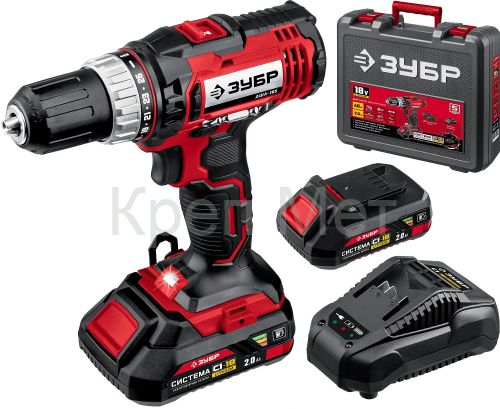 ЗУБР С1-18, 18 В, 40 Н·м, 2 АКБ (2 А·ч), дрель-шуруповерт, кейс (ДШЛ-185-22)