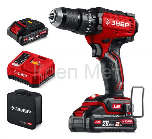 ЗУБР 20 В, 65 Н·м, 2 АКБ LMS (2 А·ч), бесщеточная ударная дрель-шуруповерт, сумка (ДБУ-65-22)