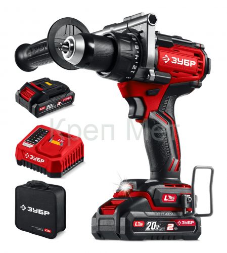ЗУБР 20 В, 165 Н·м, 2 АКБ LMS (2 А·ч), бесщеточная дрель-шуруповерт, сумка (ДБ-165-22)