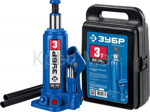 ЗУБР 3 т, 194 - 372 мм, бутылочный гидравлический домкрат в кейсе, Профессионал (43060-3-K)